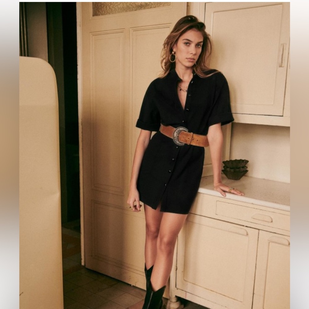 Sezane Black Button-Front Shirt Dress